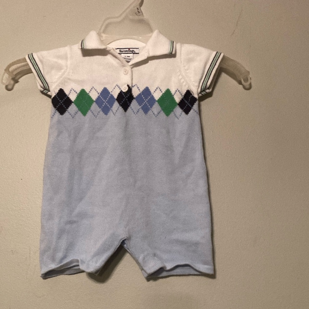 Hartstrings knit blue/white one piece, snap buttons diamonds design sz. 3-6 mo